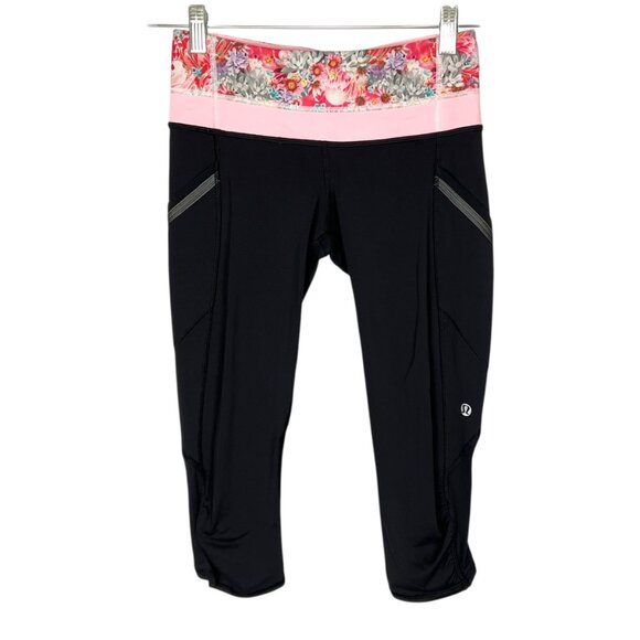 Lululemon Run A Marathon Crop II Legging Black Flowabinga Pink Floral size 4 - Picture 1 of 10